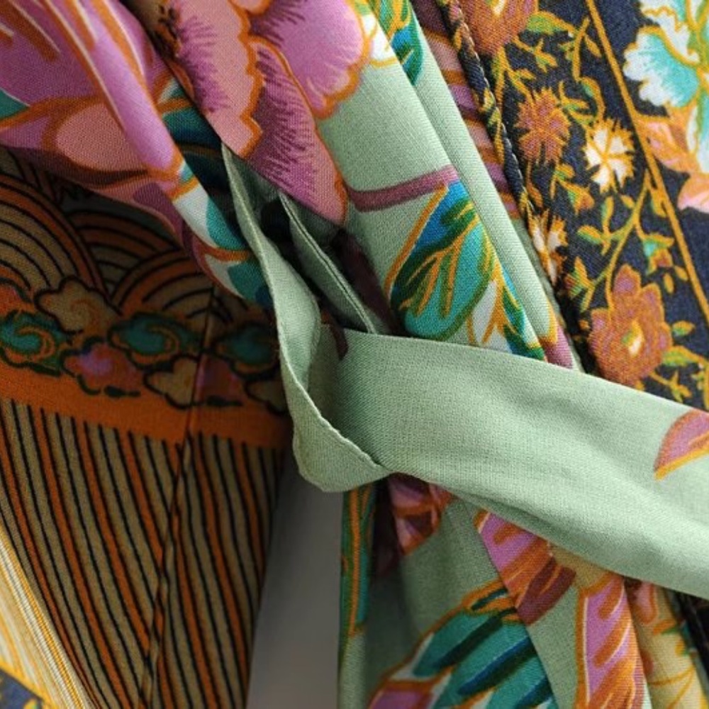 Bohemian Mint Green Floral Print Cut out Sleeve Belted Kimono Cover up - Picture 5 of 8